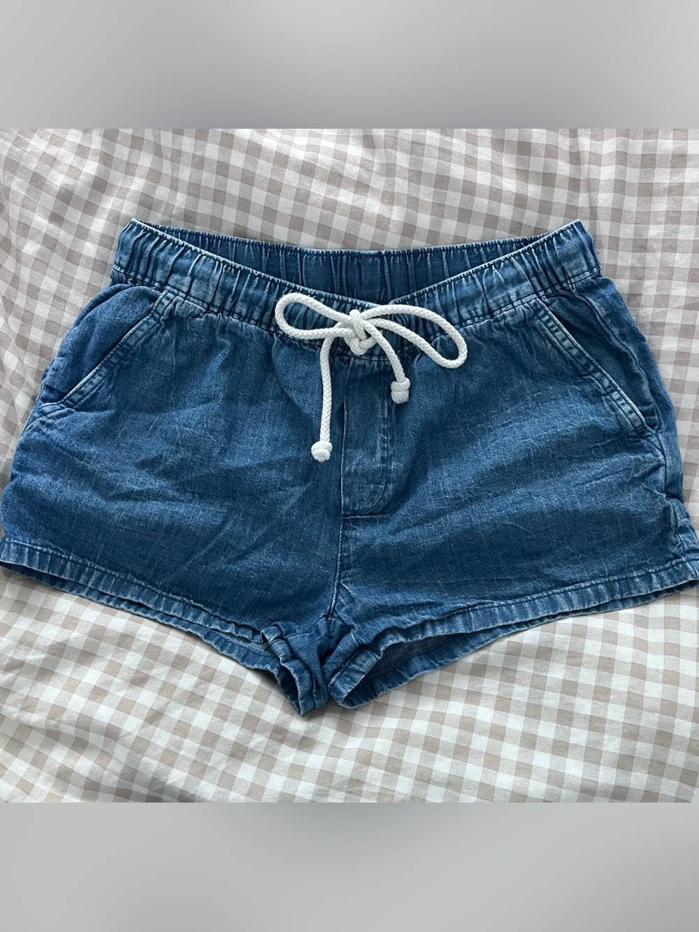 Aerie Indigo Denim-Look Lounge Short Shorts with White Rope Drawstring